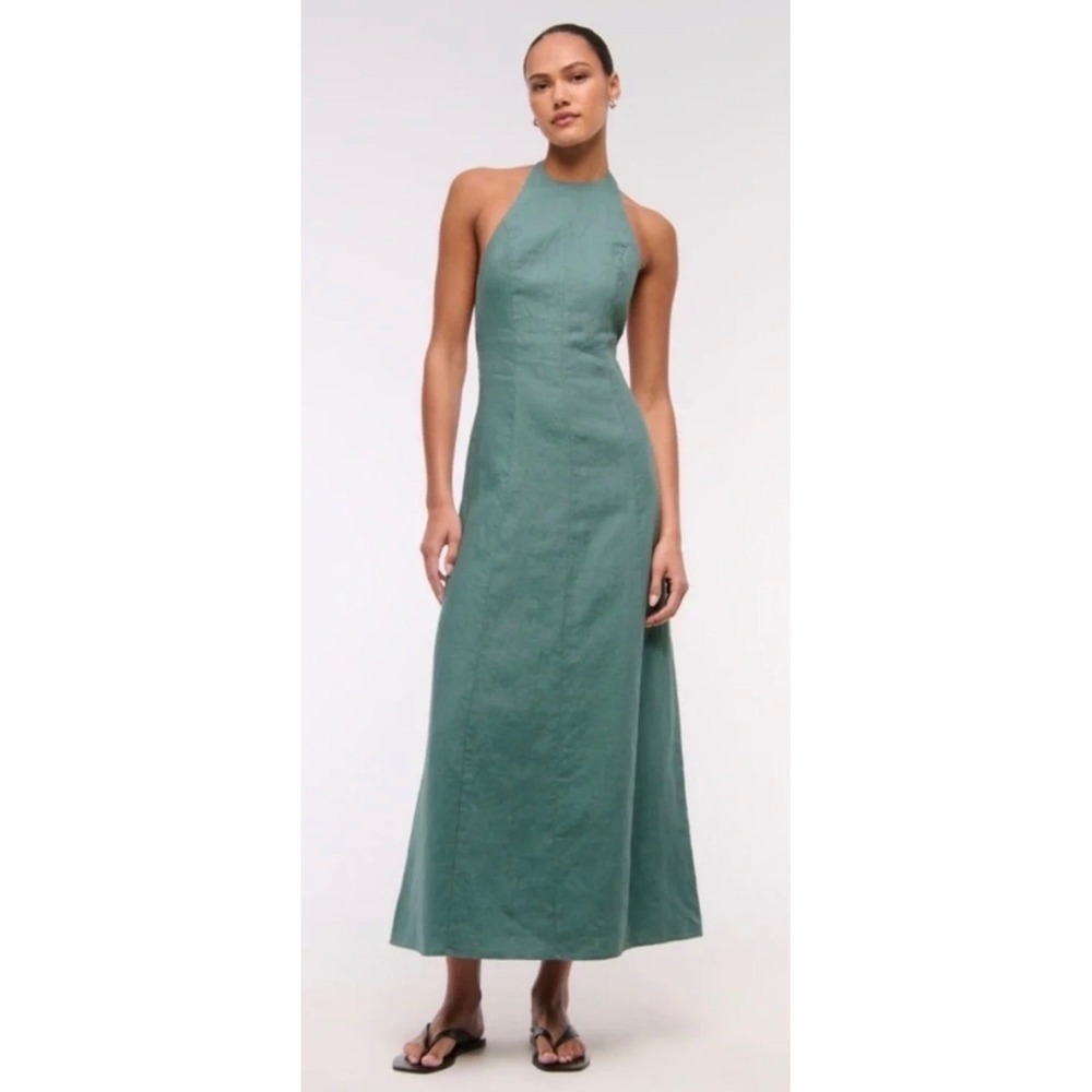Abercrombie & Fitch Linen Halter Maxi Dress Sage Green High Neck Medium